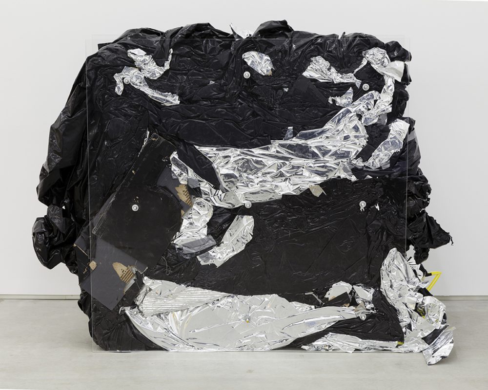Bill Jenkins, Wet Light (compressed), 2014, plexiglass, steel, plastic, cardboard, mylar, aluminum tube, paint, sheetrock, wood, 4 x 4 x 1 feet