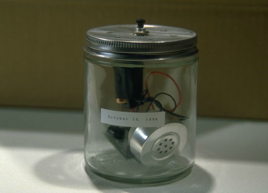 Paul Dickinson, The Repository of Synaptic Misfires, 1997-ongoing, Digital audio circuit, jar, switch, speaker, wire, sleep talk recording. Image courtesy of www.goshyes.com