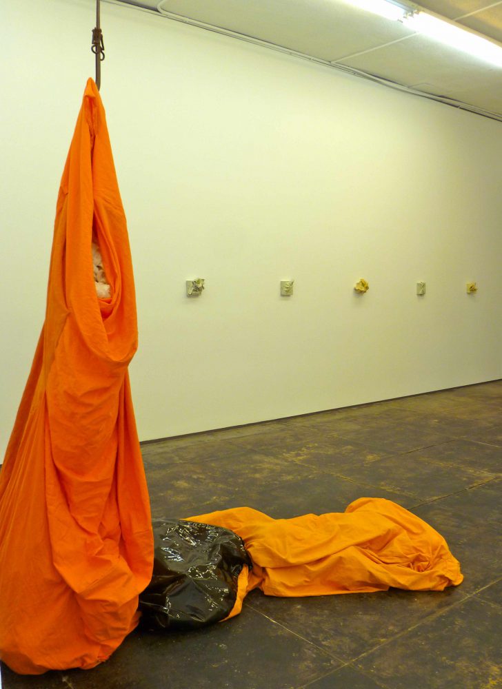 Kaneem Smith, Plantation Storyline: Gatherer (installation view), 2013, cotton, linen vinyl, iron scale , 18 inches x 22 inches x 40 feet